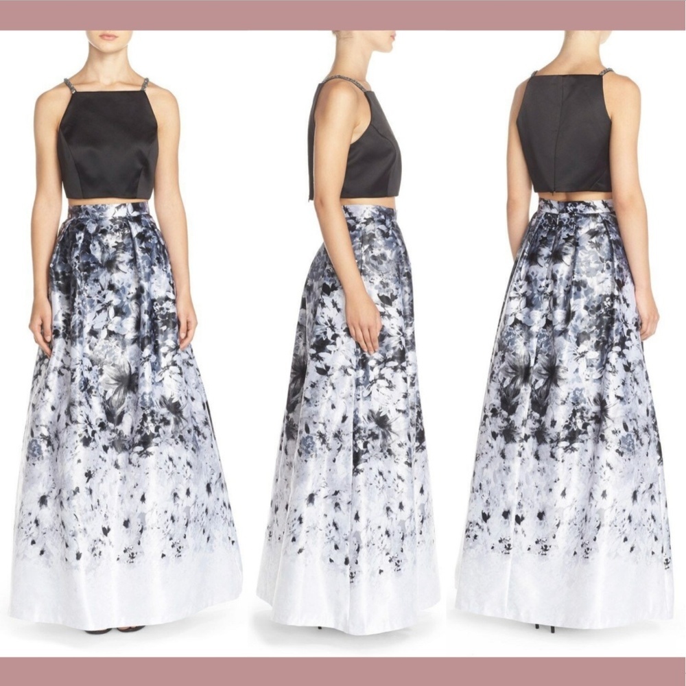 NWT! Xscape‎ Floral Satin Two-Piece Ballgown Black White Floral [SZ 10 ]